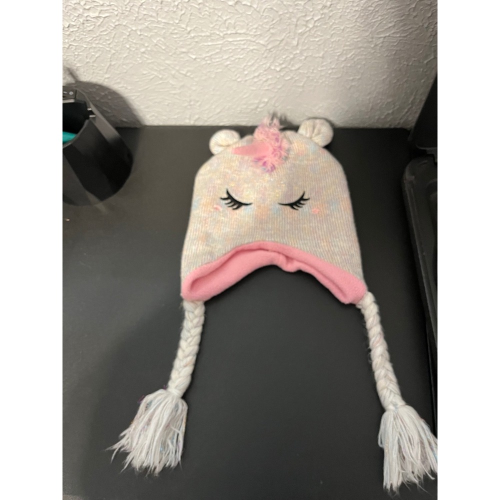 Kids Unicorn Trapper Hat Pastel Rainbow Glitter Knit‎ Fleece Lined Beanie Pink